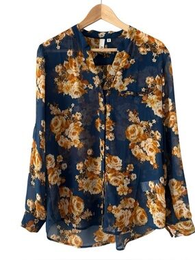 Kut from the Kloth Navy and Gold Floral Button-Front Women’s Blouse